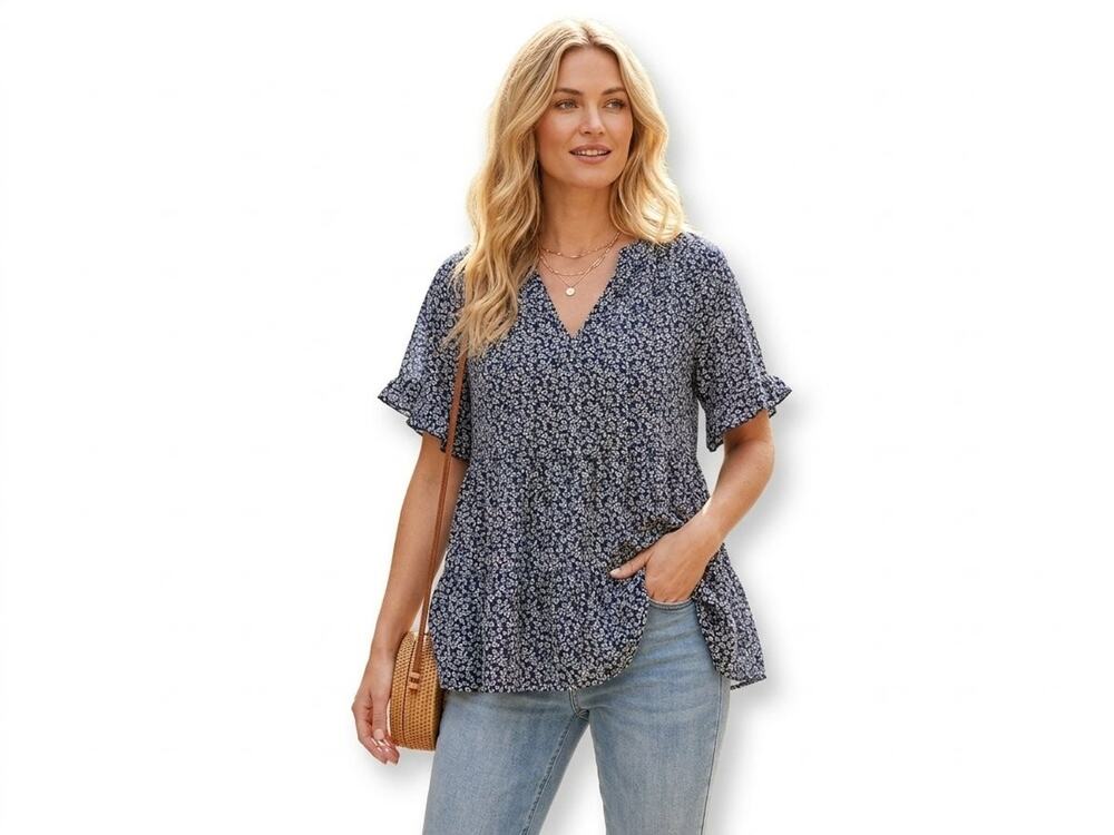 Emery Rose Women's Large Flowy Tiered Blue Floral Flutter Sleeve Babydoll Shirt